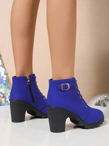 Women's Fashionable High Heel Ankle Boots, Round Toe, Lace-Up, Chunky Heel, Side Zipper, New Style For Winter, Style With Sweater Dress, Boots For Women, Platform Heels For Women - Blue - View 4