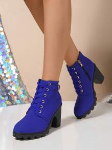 Women's Fashionable High Heel Ankle Boots, Round Toe, Lace-Up, Chunky Heel, Side Zipper, New Style For Winter, Style With Sweater Dress, Boots For Women, Platform Heels For Women - Blue - View 7