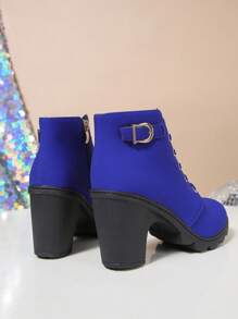 Women's Fashionable High Heel Ankle Boots, Round Toe, Lace-Up, Chunky Heel, Side Zipper, New Style For Winter, Style With Sweater Dress, Boots For Women, Platform Heels For Women - Blue - View 3