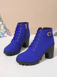 Women's Fashionable High Heel Ankle Boots, Round Toe, Lace-Up, Chunky Heel, Side Zipper, New Style For Winter, Style With Sweater Dress, Boots For Women, Platform Heels For Women - Blue - View 2