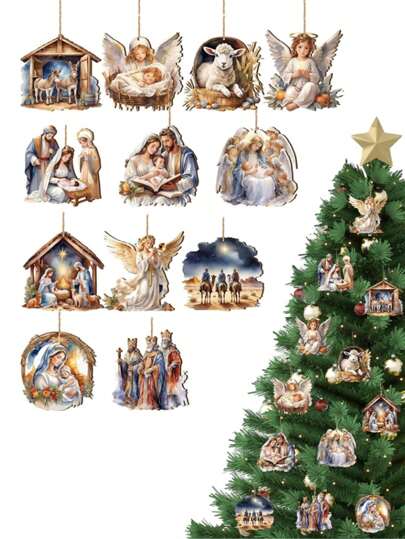 12 件木制耶稣吊坠装饰，创意耶稣降生场景木制挂饰，圣诞树装饰，家居和派对装饰