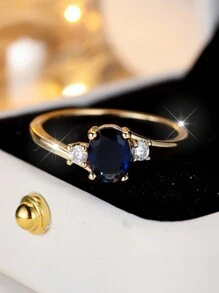 1pc Luxury Oval Sapphire Blue Cubic Zirconia Ring, Exquisite For Weddings, Parties, Holidays, Everyday Wear, Durable & Shiny Accessory - Royal Blue - View 2