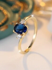 1pc Luxury Oval Sapphire Blue Cubic Zirconia Ring, Exquisite For Weddings, Parties, Holidays, Everyday Wear, Durable & Shiny Accessory - Royal Blue - View 1