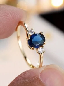 1pc Luxury Oval Sapphire Blue Cubic Zirconia Ring, Exquisite For Weddings, Parties, Holidays, Everyday Wear, Durable & Shiny Accessory - Royal Blue - View 3