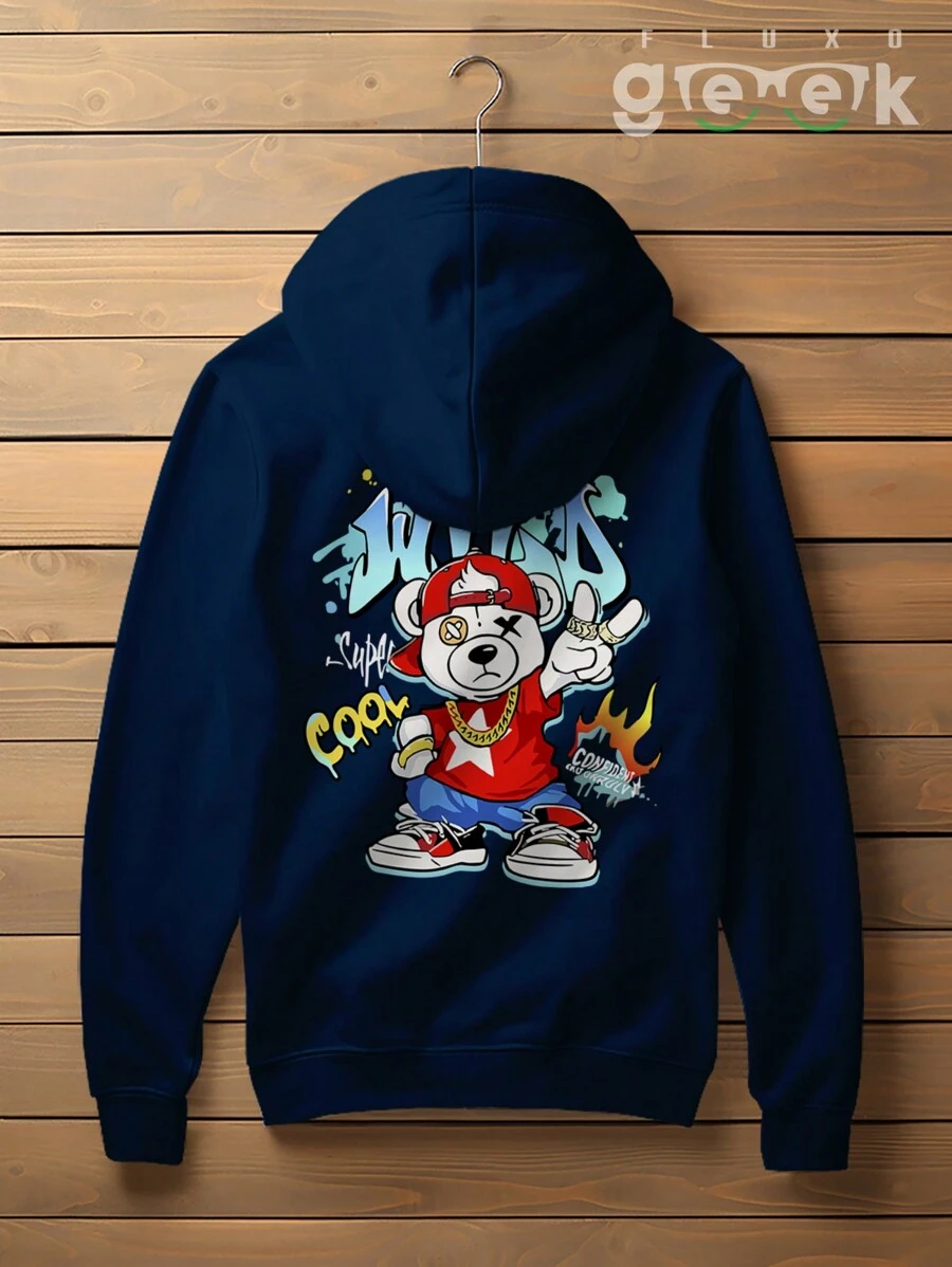 Sweatshirt Bear Skate Streetwear Oversize Print Wild Bear CANGURU 2524 GEEK FLUX - Navy Blue - View 1