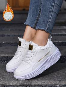Giày thể thao đế xuồng đế xuồng lót nhiệt, ấm áp và phong cách thể thao cho nữ Giày đi ngoài trời buộc dây nhẹ cổ thấp chống trượt cho nữ - trắng - Xem 1
