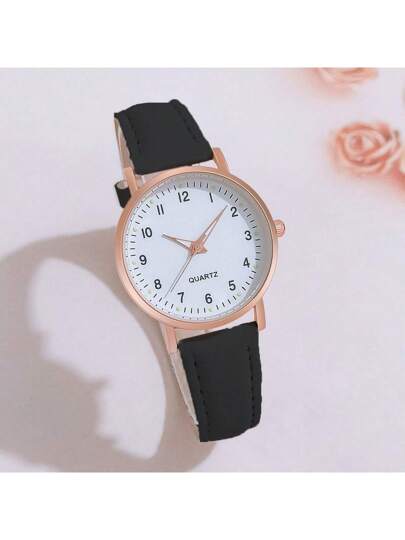 1pc Minimalist Leather Quartz Wrist Watch, Girls view 2