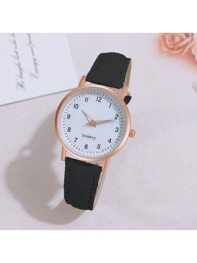 1pc Minimalist Leather Quartz Wrist Watch, Girls