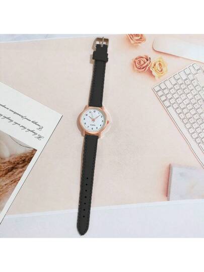 1pc Minimalist Leather Quartz Wrist Watch, Girls view 3