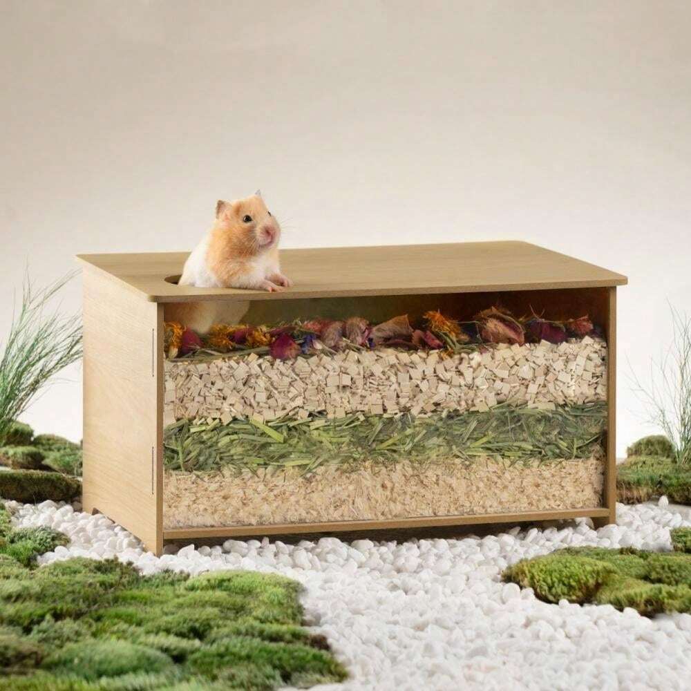 Image showcasing Wooden Hamster Cage Shelter Hutch Bed Hamster Digging Box Visible Wood ...