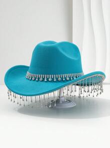1 pièce Chapeau de cowboy unique et élégant unisexe avec une chaîne de chapeau ronde colorée, une décoration à franges. Esthétique chic, convient pour les événements à thème occidental, les fêtes, les fiançailles, les soirées costumées, les remises de diplômes, les festivals de musique et plus encore