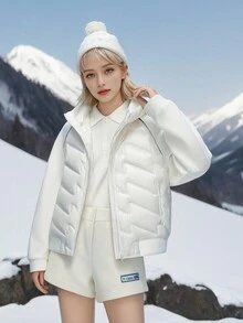 Chaqueta de plumón para mujer de estilo corto nueva para otoño e invierno, acolchado fino, sombrero informal exterior, costura relajada para pareja - Blanco - Ver 6