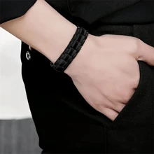 1 套磁性钛钢可调节长度手链和工具，酷炫男士珠宝礼物，适合圣诞节、周年纪念日、派对和日常佩戴 - 加寬版黑藍 - 查看 5