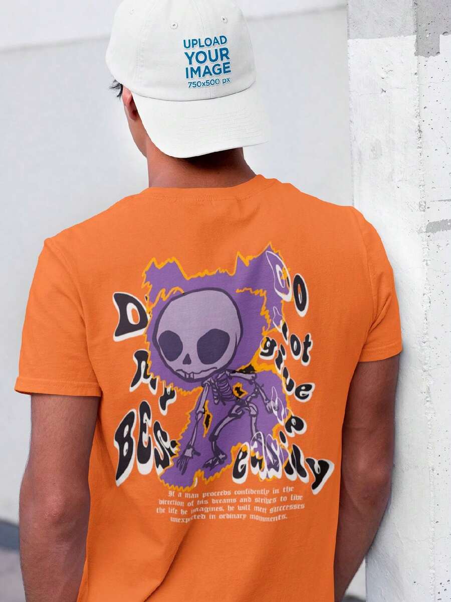 Men's T-Shirt 100% Cotton Premium Skull Purple Fire Streetwear Shirt - 橘色 - 查看 1