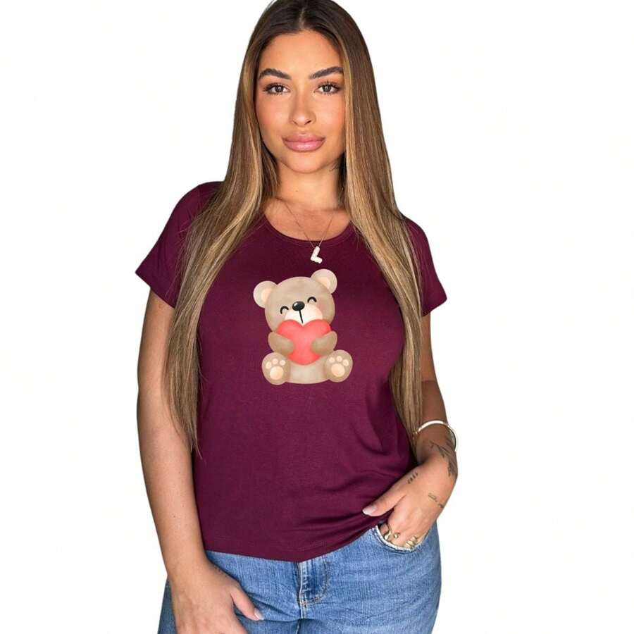 Women's T-Shirt Blouse With A Loving Bear Print - 紫色 - 查看 1