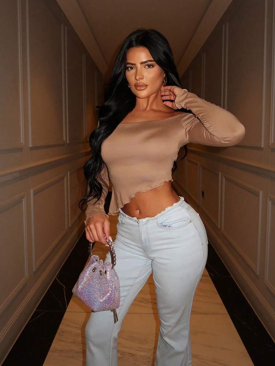 女士休闲不对称下摆长袖上衣，适合秋季