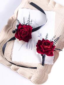 黑玫瑰胸花男士婚礼腕花人造花，2 件套，新郎和伴郎胸花，女孩/母亲舞会胸花腕花装饰，适用于婚礼返校节万圣节仪式周年纪念、晚宴、舞会鲜花和秋季复古婚礼