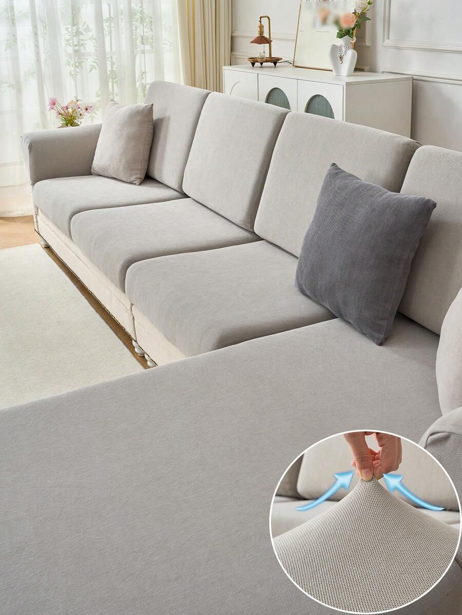 1pc Premium Chenille Solid Color Sofa Seat Cover, Style Slip Resistant Elastic Sofa Slipcover, Anti-Scratch Pet Proof Couch Cover Suitable For L-Shaped Sofa And 1/2/3/4 Seat Sofa (One Piece) - Light Grey - View 1