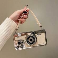 3D 电镀复古相机挂绳保护手机壳适用于 iPhone 15 Pro Max、14、13、12、11 - 全身防震保护套 - 米色 - 查看 4