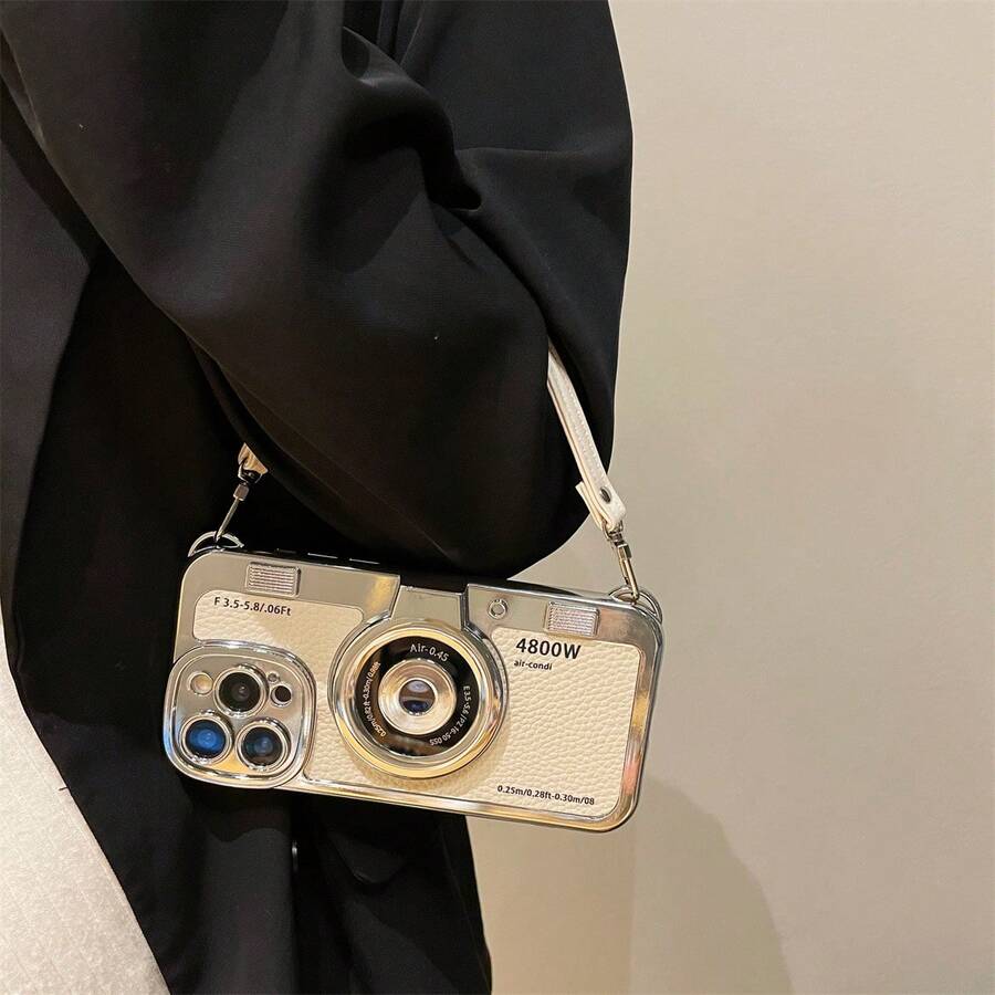 3D 电镀复古相机挂绳保护手机壳适用于 iPhone 15 Pro Max、14、13、12、11 - 全身防震保护套 - 米色 - 查看 1