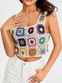 Womens Crochet Tank Top Knit Colorful Floral Embroidery Summer Boho Camisole Hollow Out Top - trắng - Xem 7