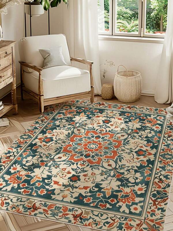 1pc Style Retro Carpet Soundproof Non-Slip Soft Skin-Friendly Machine Washable Rug Living Room Study Entry Floor Mat Bedroom Bedside Blanket
