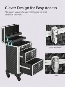 SONGMICS Make Up Trolley, Cosmetic Case, Beauty Case, Hairdressing Case, With 4 Removable Universal Wheels, Top With 3 Levels, Drawers With Slide Rails, Professional For Travel, Black - Black - View 3
