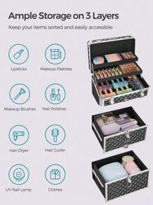 SONGMICS Make Up Trolley, Cosmetic Case, Beauty Case, Hairdressing Case, With 4 Removable Universal Wheels, Top With 3 Levels, Drawers With Slide Rails, Professional For Travel, Black - Black - View 5