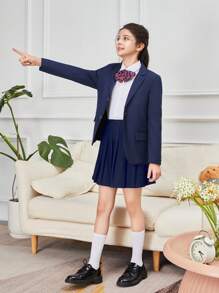 3 件套女孩经典学院风正装套装 - 衬衫、领带、夹克，适合学校、演出、度假、秋冬季 - 藏蓝色 - 查看 10