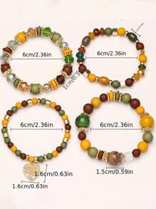 4pcs/Set Retro Bohemian Colorful Beaded Bracelets, Hollow Heart Crystal Pendant Multilayer Faux Pearl Strand Bracelet For Women