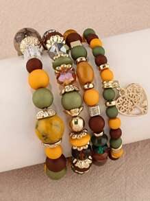 4pcs/Set Retro Bohemian Colorful Beaded Bracelets, Hollow Heart Crystal Pendant Multilayer Faux Pearl Strand Bracelet For Women