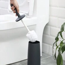 1 set perie de toaletă cu peri rigizi în stil european, design fără unghi mort, curățare eficientă a băii, set perie și suport pentru toaletă, perie de curățare simplă pentru uz casnic cu mâner lung, bază creativă rezistentă la stropire, set perie de toaletă, decor baie de vară