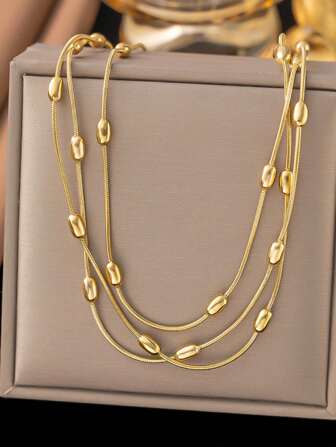 1 pieza Elegante Collar Largo Multicapa de Acero Inoxidable Dorado con Cuentas Estilo INS 2024, Adecuado para Uso Diario Versátil de Mujeres, Cadena para Suéter, Accesorio de Joyería Impermeable, Regalo (Excluye Caja de Regalo), EE. UU.