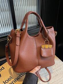 2025 新款时尚女士手提包，大容量通勤单肩包，独特设计斜挎包，休闲百搭手提包，舒适纯色 PU 面料，磁性按扣和拉链开合，可调节和可拆卸肩带，时尚水桶包 - 棕色 - 查看 1