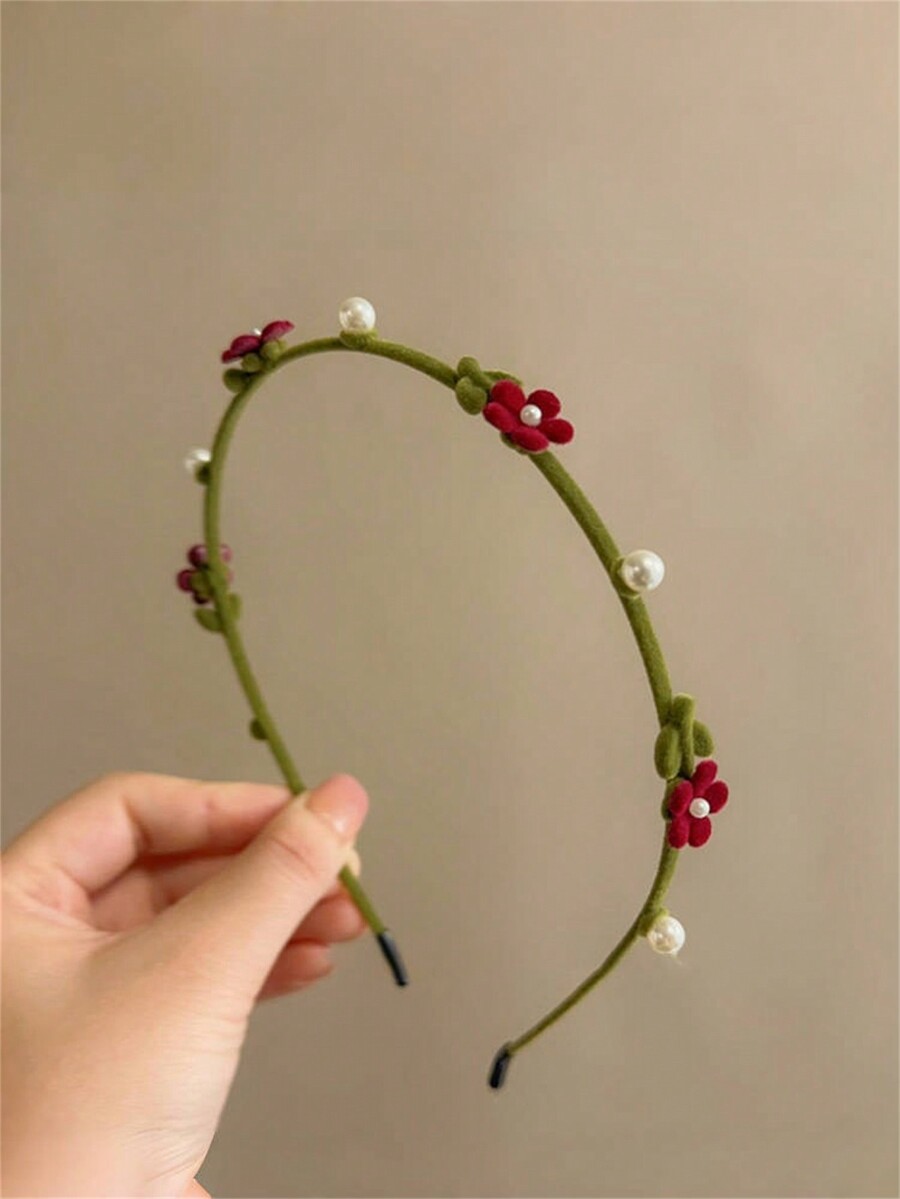 1pc Women Flocked Metal Flower Pearl Hair Hoop, Elegant Sweet Campus