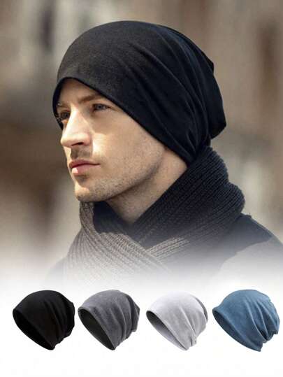 1pc Solid Color Men's Outdoor Fabric Casual Beanie Hat For Daily Wear And Outdoor Activities, Autumn And Winter