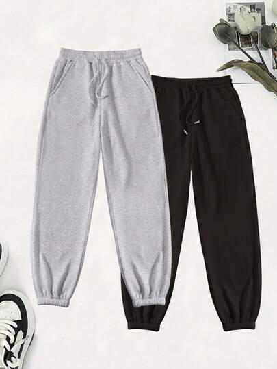 Two Sets Of Women's Warm Plus Fleece Drawstring Sweatpants Solid Color Sports Pants Girth Pants Running Fashion, Suitable For Autumn And Winter Season, Warm Skin Everything