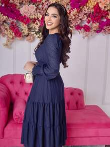 Romantic Midi Dress Long Sleeves Waist Ruched Effect - Màu xanh hải quân - Xem 4