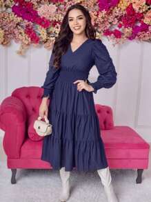Romantic Midi Dress Long Sleeves Waist Ruched Effect - Màu xanh hải quân - Xem 1