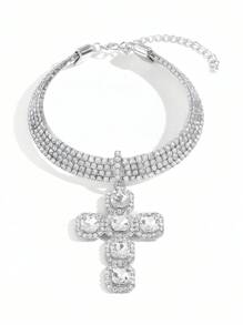 1pc Exaggerated Rhinestone Cross Necklace, Stylish And Chic Hiphop Charm Choker Necklace For Women