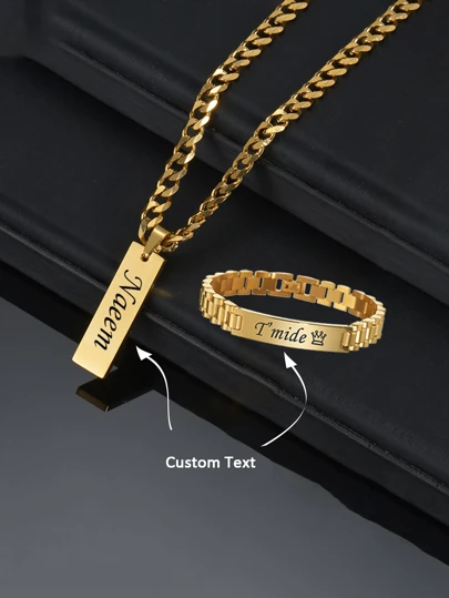 1 Set Of Personalized Engraved Name Date Bar Necklace Bracelet Stainless Steel Customized Text Suitable For Boys And Girls Necklace Bracelet Jewelry Gift Best Gift 2025 Fun Personalized Secret Gift, The Best Valentine's Day Gift, Multi-Functional, Ornamental, Letter, Engraved, Tidy, Colorful, Cute, Kawaii, Adorable, Casual, Custom, Personalized, Unique, Customized, Baby Gifts, Ideal Gifts For Him, Ideal Gifts For Her, Son, Daughter