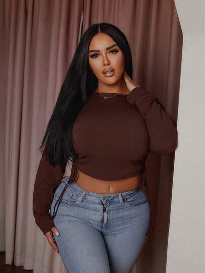 Plus Size Women Solid Color Round Neck Long Sleeve Drawstring Pleated Cropped T-Shirt