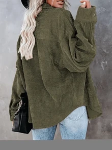 Áo sơ mi nữ tay dài hở vai màu trơn, túi đơn hàng ngày, mùa thu - màu xanh lá - Xem 3