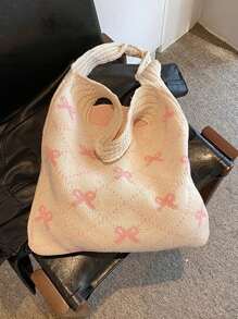 女士简约大容量蝴蝶结装饰针织购物袋，休闲手提包和旅行手提包，可爱蝴蝶结女士手提包 - 杏色 - 查看 3