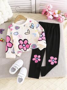 2pcs Young Girls Fashion Elegant Casual Printed Top And Pants Set