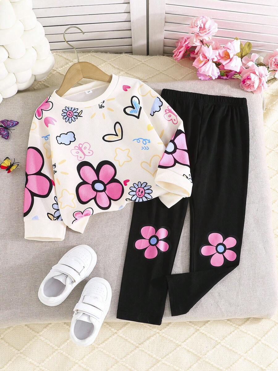 2pcs Young Girls Fashion Elegant Casual Printed Top And Pants Set