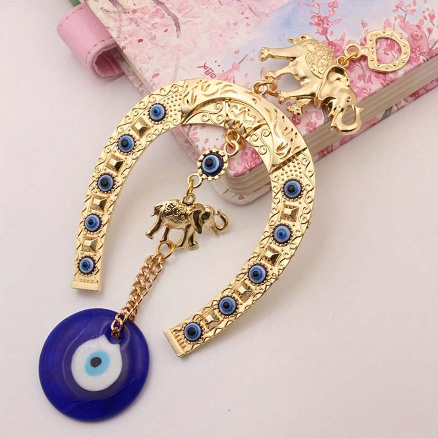 1pc Golden Elephant & Horse Shoe Pendant With Blue Evil Eye Electroplating, Alloy Wall Hanging Decor,Home Decor ,Room Decor,Wall Decor Gifts Birthday Graduation