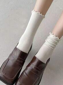 1/6 双（随机混合）优雅女士荷叶边袜子，时尚百搭韩式/日式中筒袜，适合休闲装，秋冬季 - 彩色 - 查看 3