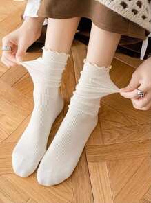 1/6 双（随机混合）优雅女士荷叶边袜子，时尚百搭韩式/日式中筒袜，适合休闲装，秋冬季 - 彩色 - 查看 4