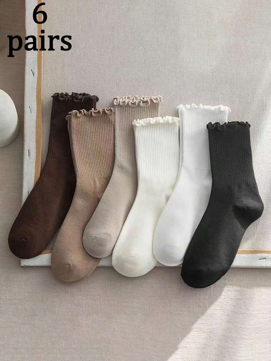 1/6 双（随机混合）优雅女士荷叶边袜子，时尚百搭韩式/日式中筒袜，适合休闲装，秋冬季 - 彩色 - 查看 1